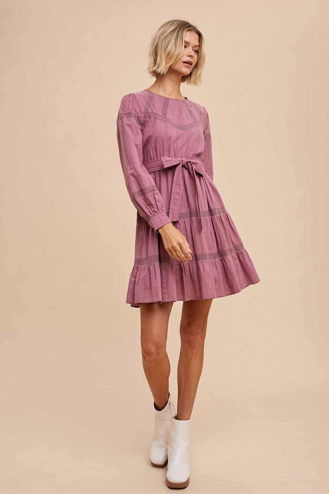Dark Mauve Lace Inlay Long Sleeve Mini Dress Dark Mauve Lace Inlay Long Sleeve Mini Dress