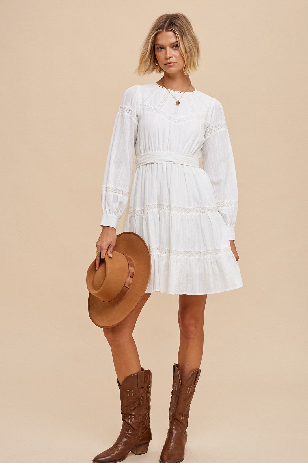 Off White Lace Inlay Long Sleeve Mini Dress Off White Lace Inlay Long Sleeve Mini Dress