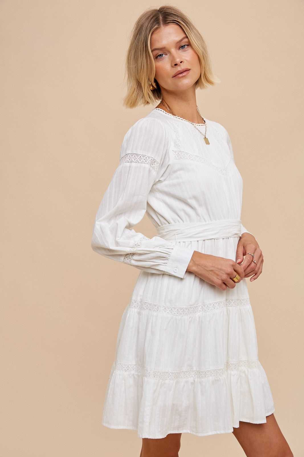 Off White Lace Inlay Long Sleeve Mini Dress Off White Lace Inlay Long Sleeve Mini Dress