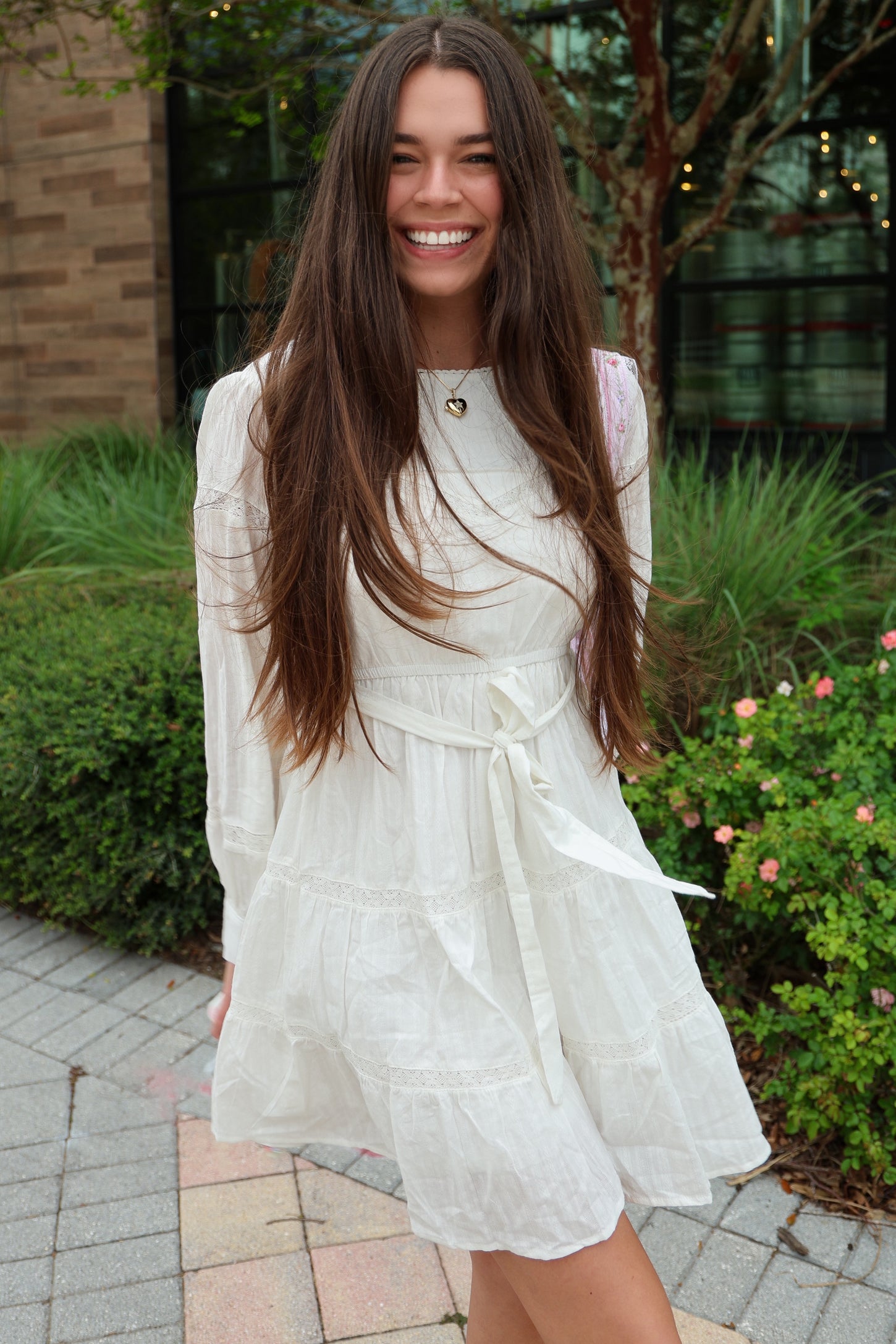 Off White Lace Inlay Long Sleeve Mini Dress Off White Lace Inlay Long Sleeve Mini Dress