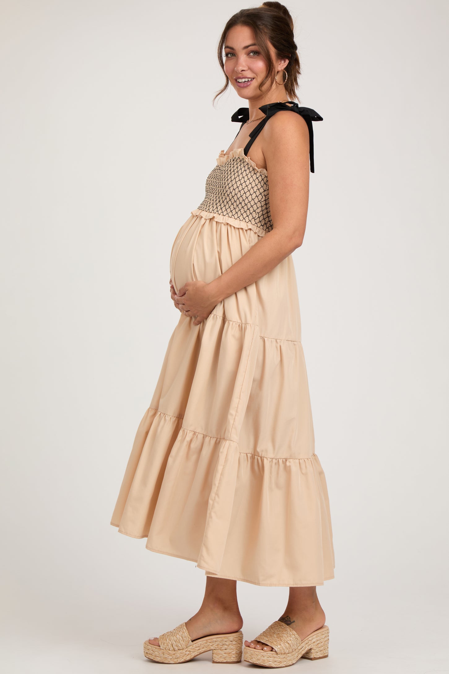 Beige Sleeveless Tiered Colorblock Strap Maternity Maxi Dress – PinkBlush