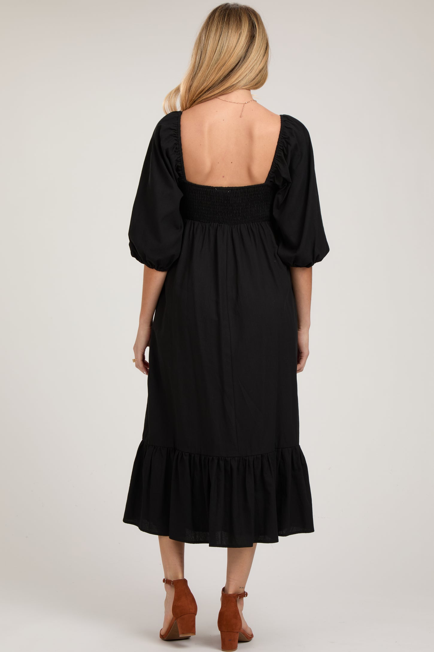 Black Square Neck Puff Sleeve Maternity Midi Dress