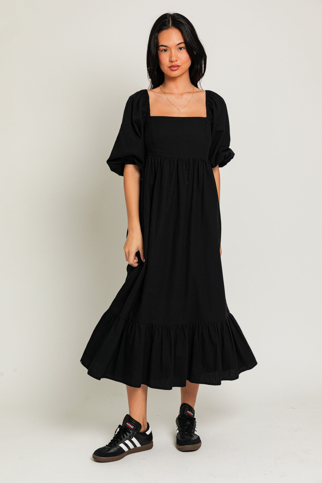 black square neck midi dress with sleeves Black Square Neck Puff Sleeve Midi Dress
