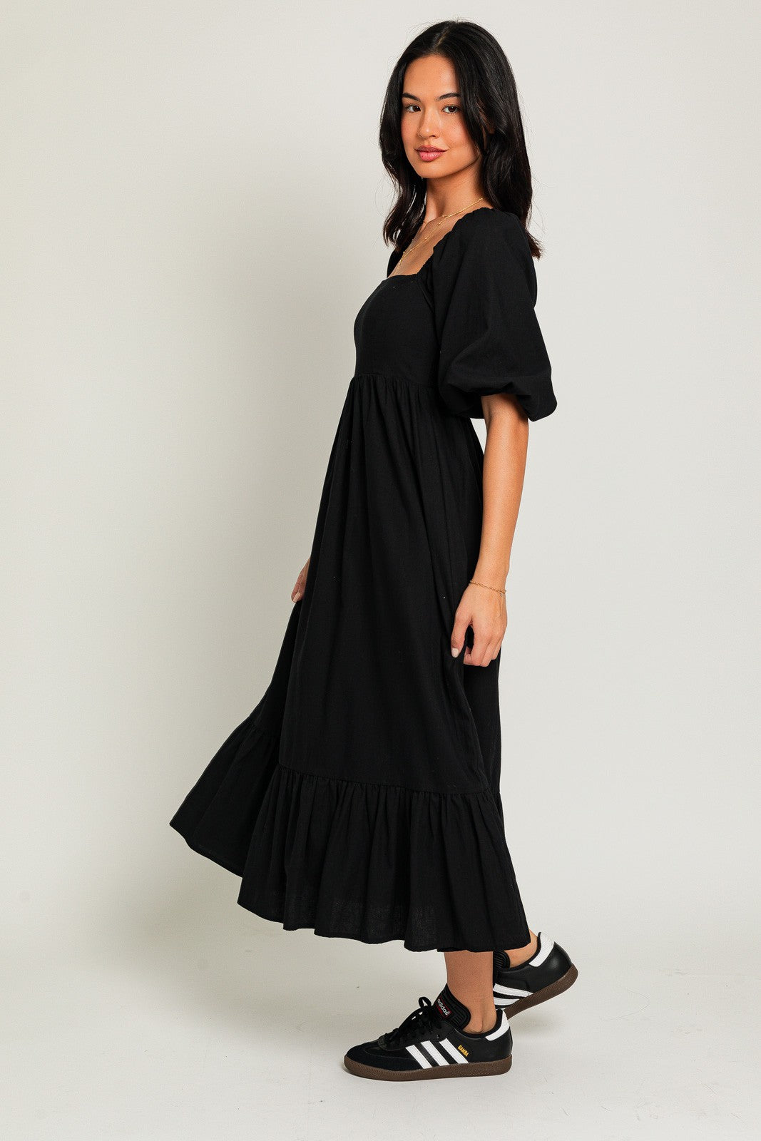 Black Square Neck Puff Sleeve Midi Dress Black Square Neck Puff Sleeve Midi Dress