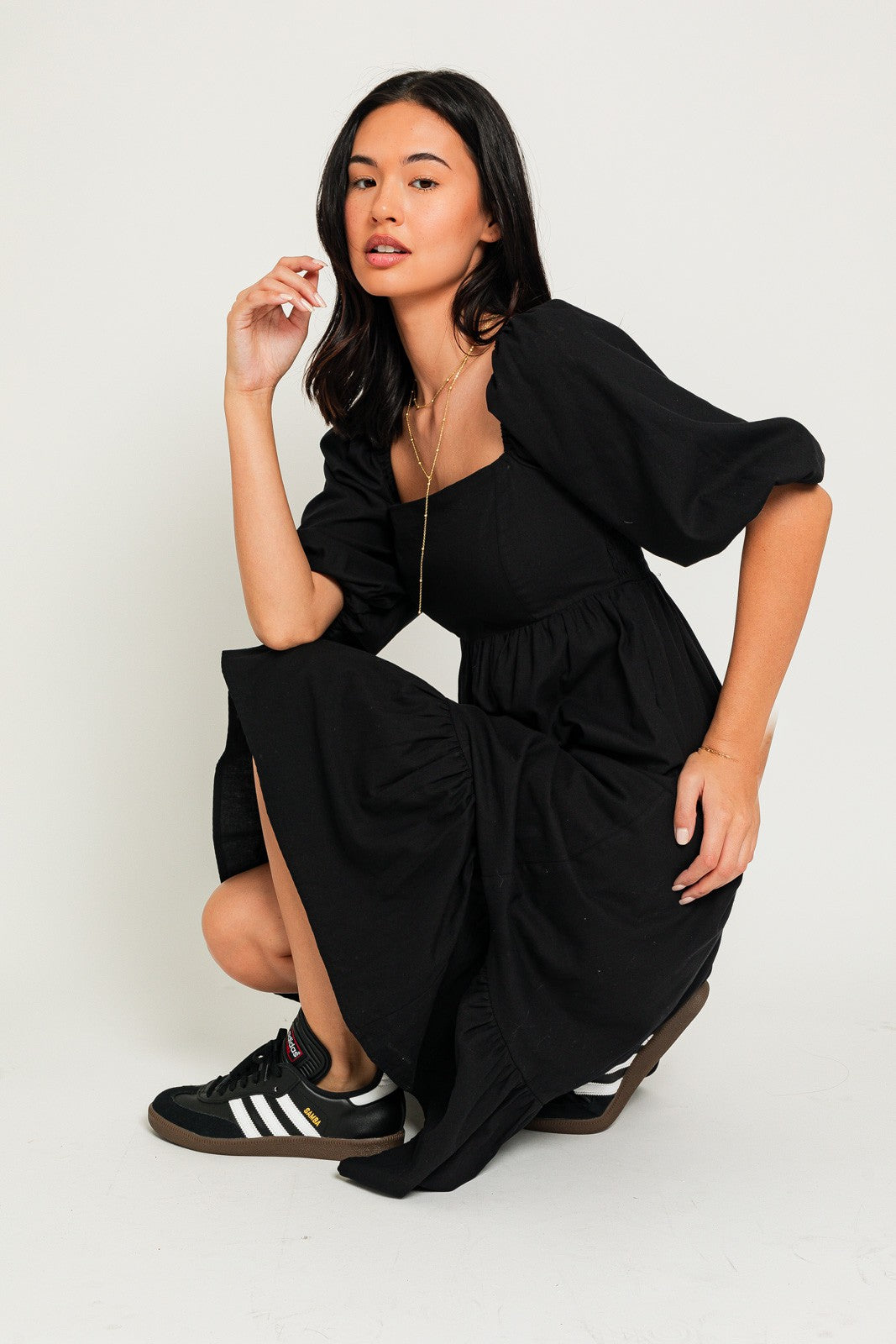 plus black puff sleeve ruched side split midi dress Plus Chocolate Puff Sleeve Ruched Side Split Midi Dress