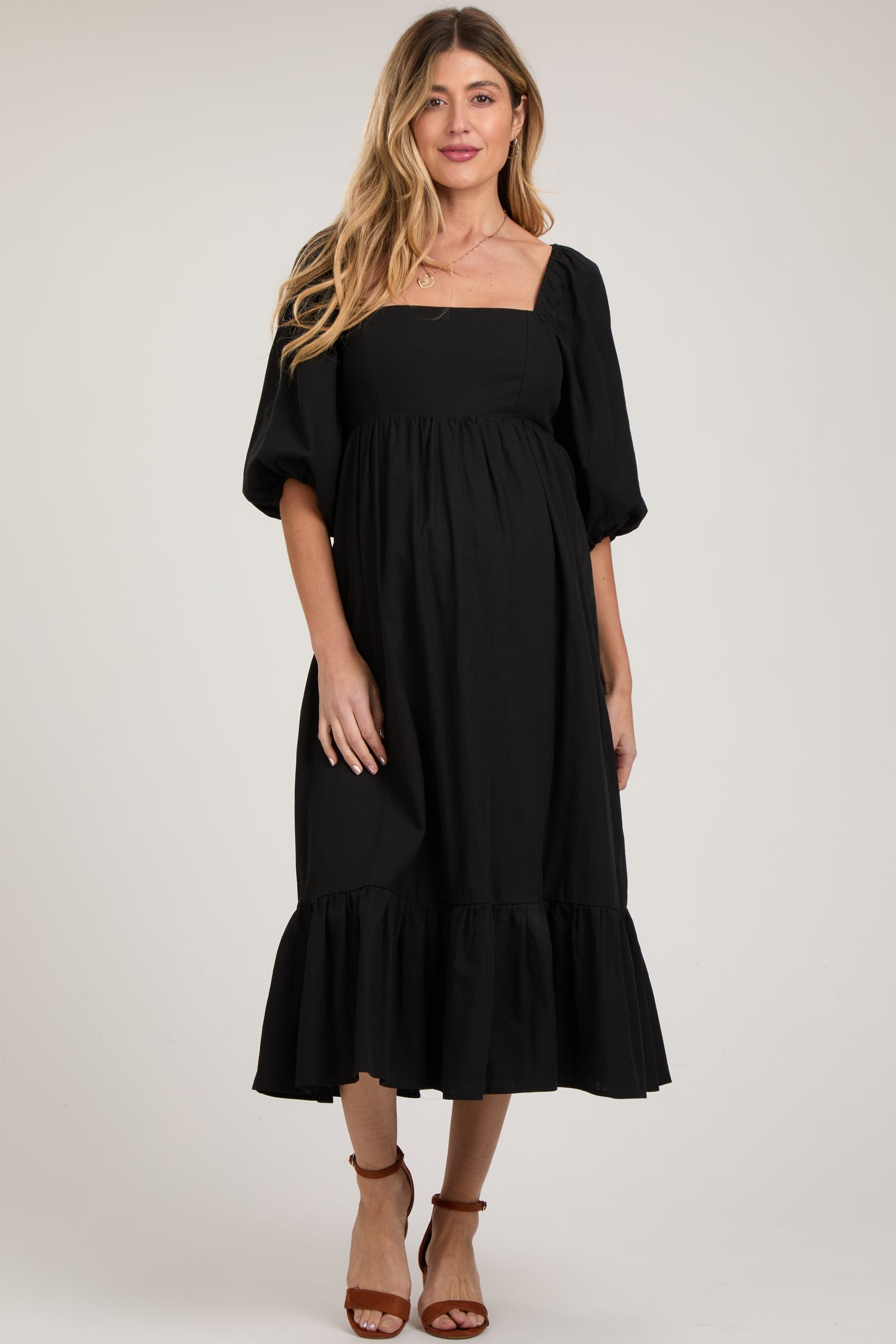 Black Square Neck Puff Sleeve Maternity Midi Dress