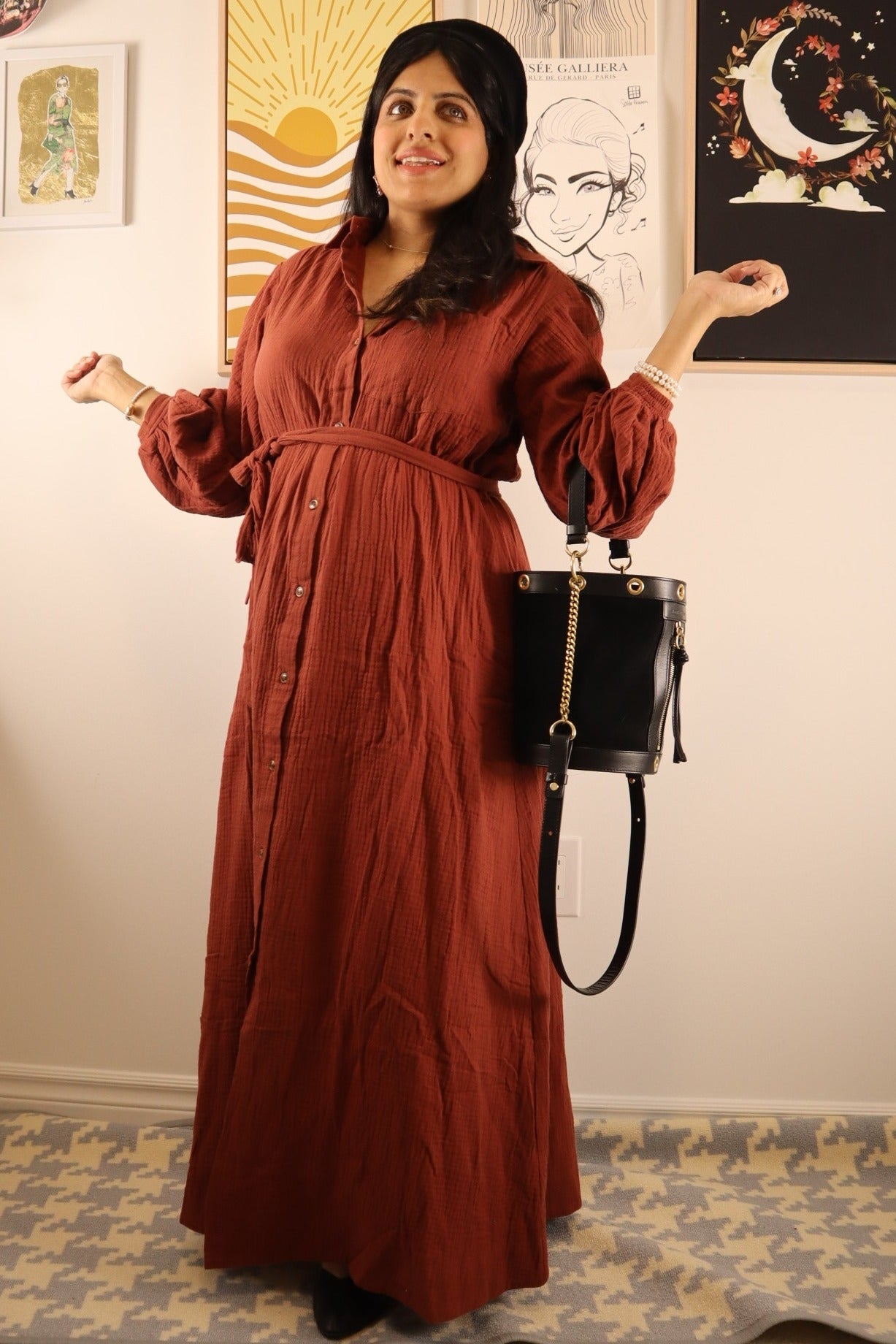 knee length dresses for ladies Rust Gauze Belted Shirt Midi Dress