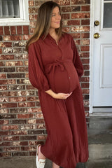Rust Gauze Belted Shirt Maternity Midi Dress