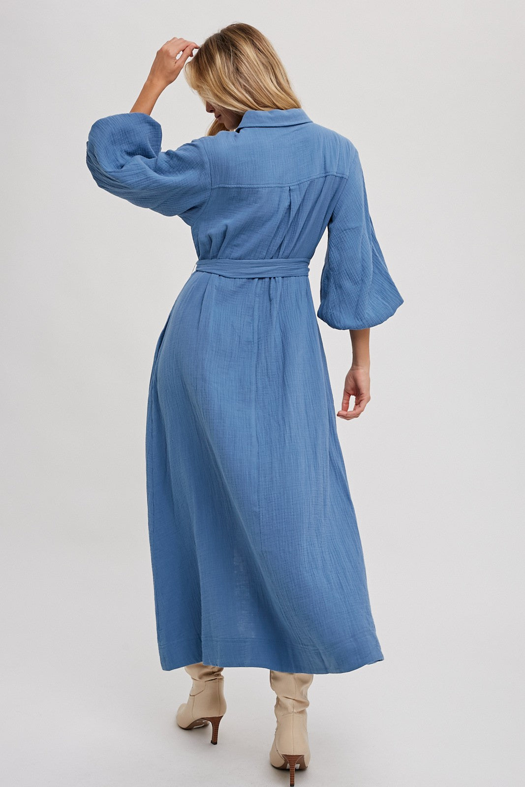 Blue Gauze Belted Shirt Midi Dress PinkBlush Blue Gauze Belted Shirt Midi Dress PinkBlush