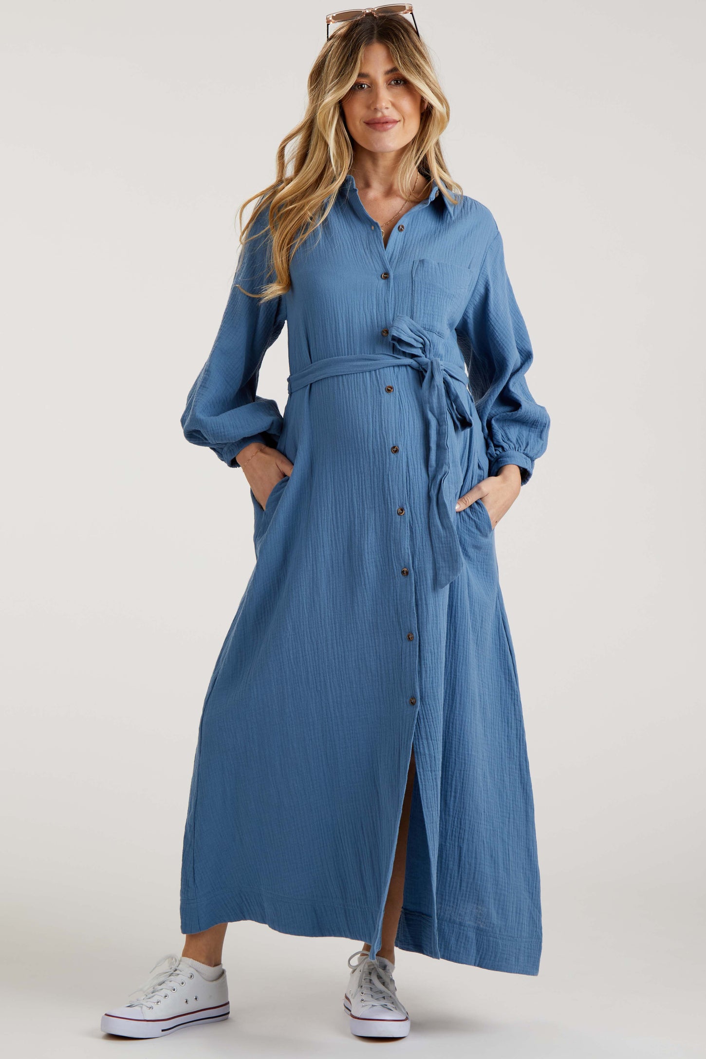 Blue Gauze Belted Shirt Maternity Midi Dress PinkBlush Blue Gauze Belted Shirt Maternity Midi Dress PinkBlush