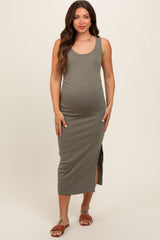 Olive Short Sleeve Ruched Maternity Dress