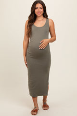Olive Short Sleeve Ruched Maternity Dress