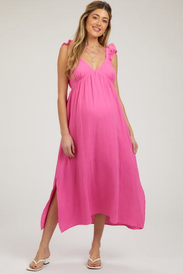 Pink Ruffle Strap Maternity Midi Dress