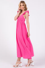 Pink Ruffle Strap Midi Dress