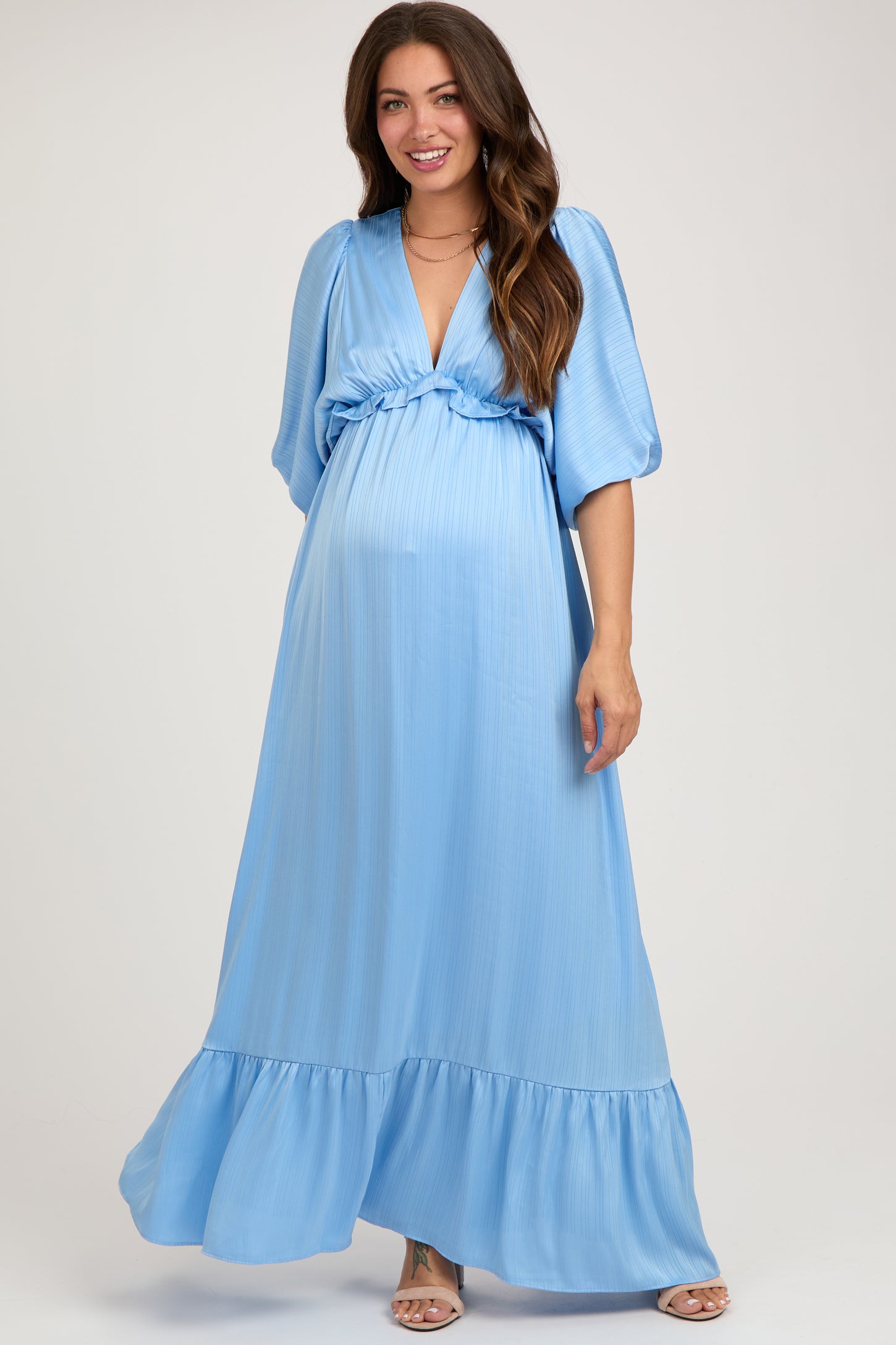 Light Blue Striped Ruffle Accent Maternity Maxi Dress PinkBlush Light Blue Striped Ruffle Accent Maternity Maxi Dress PinkBlush