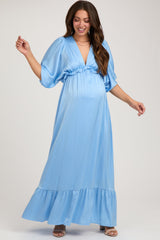 Light Blue Striped Ruffle Accent Maternity Maxi Dress