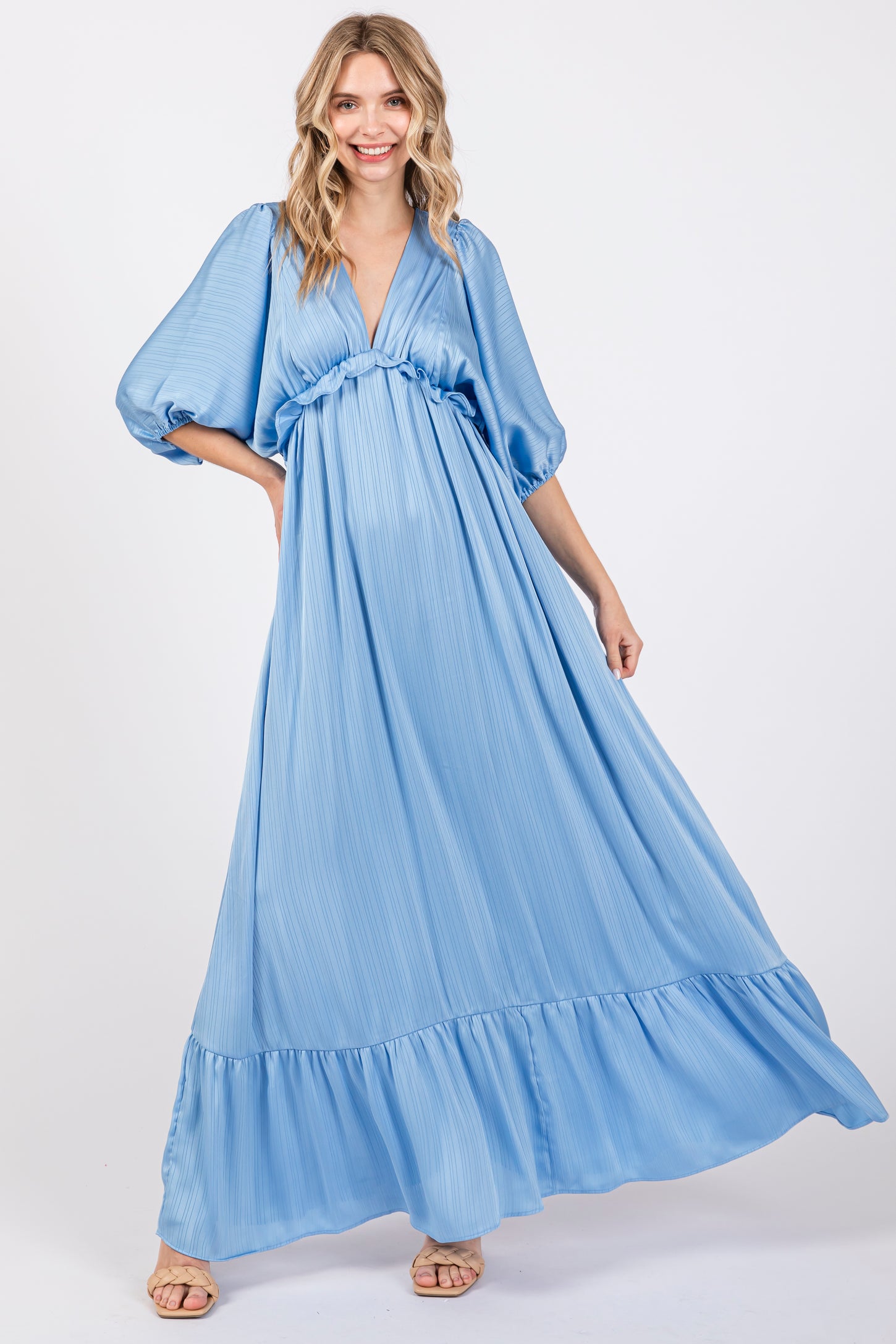 blue striped ruffle dress Sail to Sable Blue & White Stripe Ruffle Hem Shirt Dress BLUE/WHITE / S / JM26002
