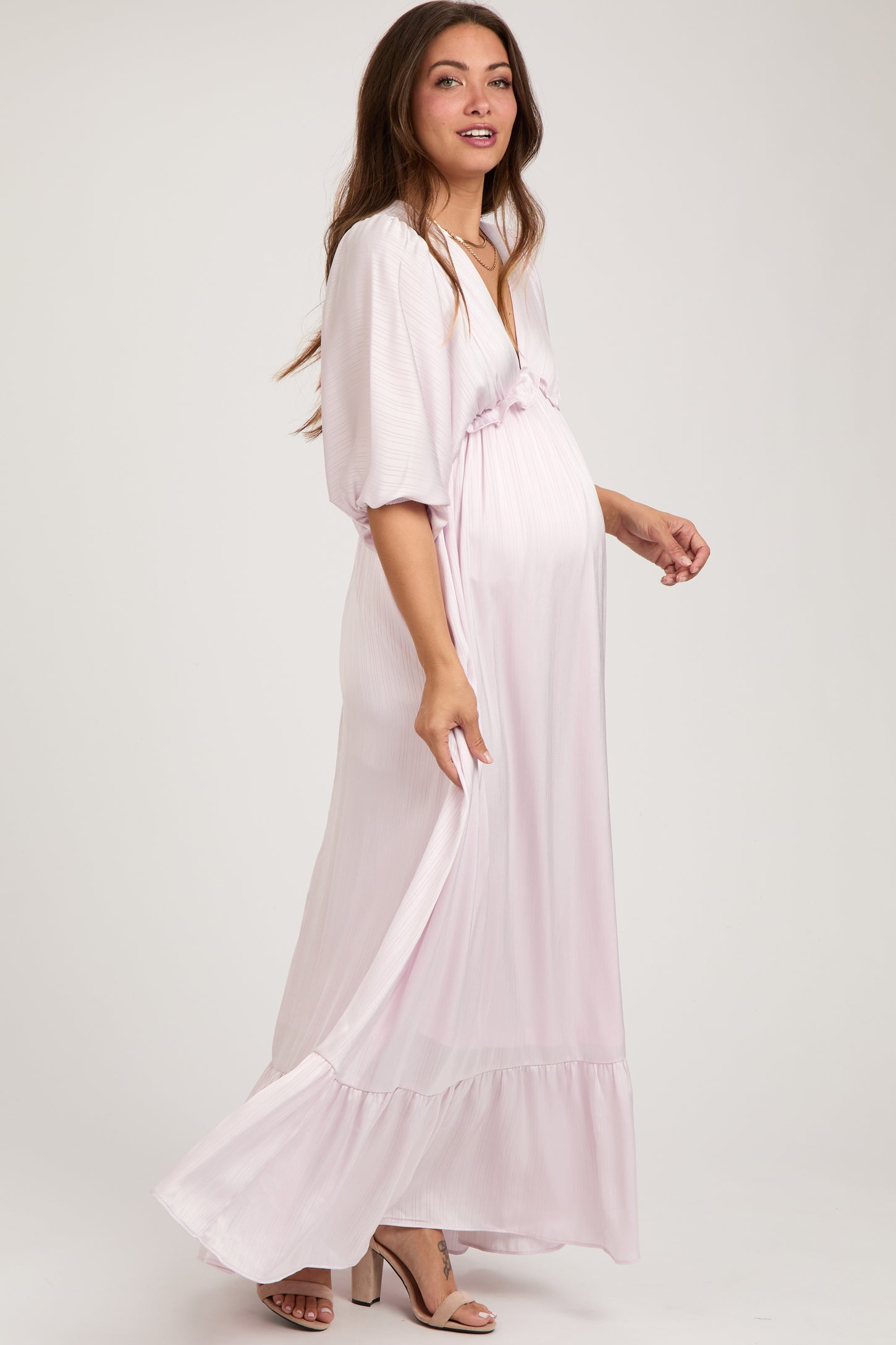Light Pink Striped Ruffle Accent Maternity Maxi Dress PinkBlush Light Pink Striped Ruffle Accent Maternity Maxi Dress PinkBlush