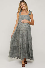Sage Floral Shoulder Tie Maternity Maxi Dress