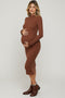 Brown Ribbed Mock Neck Button Side Slit Maternity Midi Dress