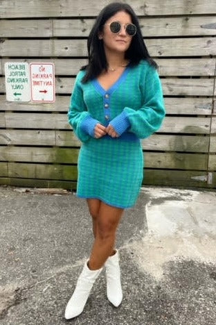 Green Blue Knit Top And Skirts Set