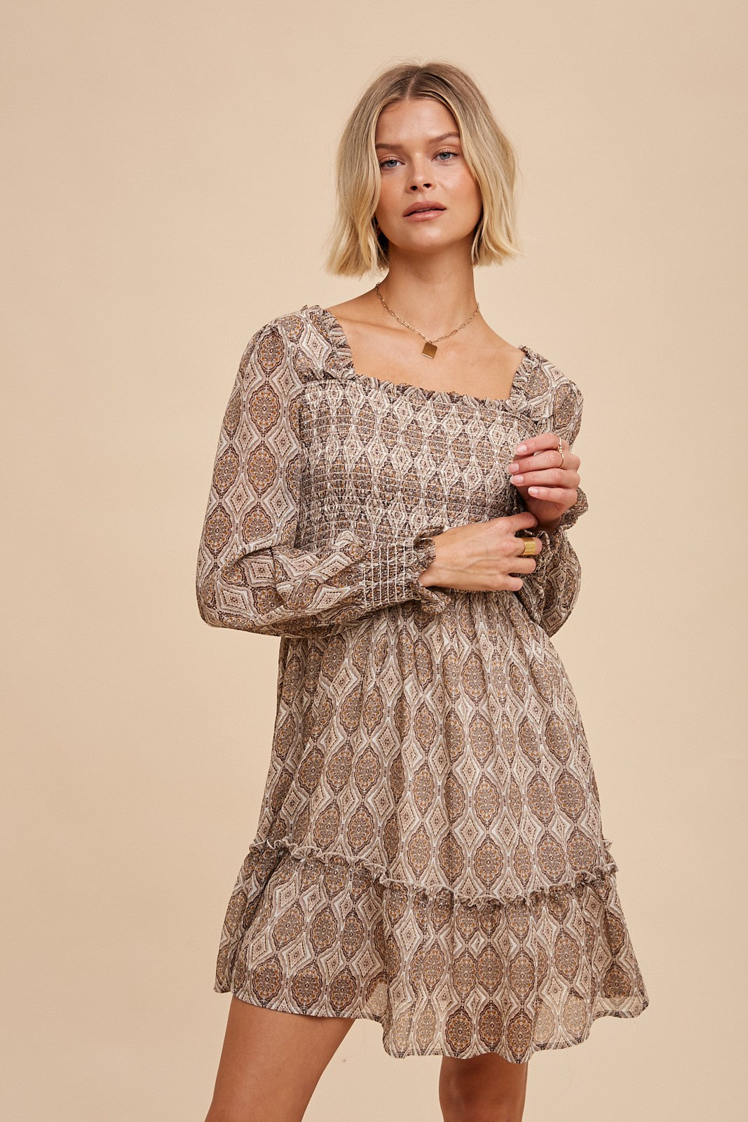 Medallion Creme Square Neck Smocked Mini Dress – PinkBlush