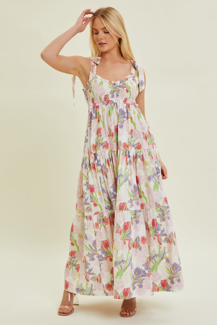 Ivory Multi-Color Floral Smocked Tiered Maxi Dress