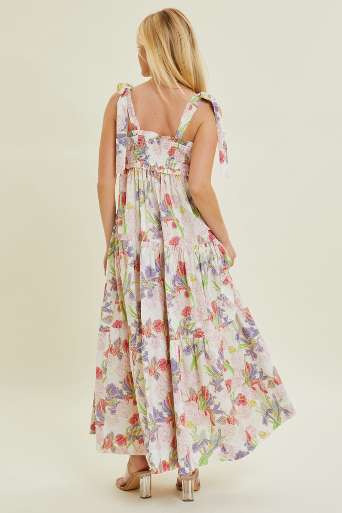 Ivory Multi-Color Floral Smocked Tiered Maxi Dress