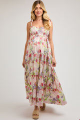 Ivory Multi-Color Floral Smocked Tiered Maternity Maxi Dress