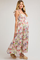 Ivory Multi-Color Floral Smocked Tiered Maternity Maxi Dress