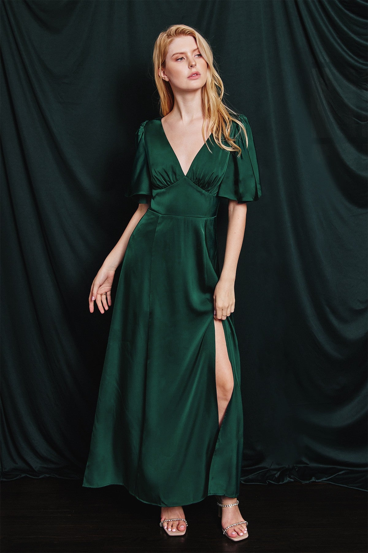 Hunter Green Satin Flutter Sleeve Plunging Maxi Dress Hunter Green Satin Flutter Sleeve Plunging Maxi Dress