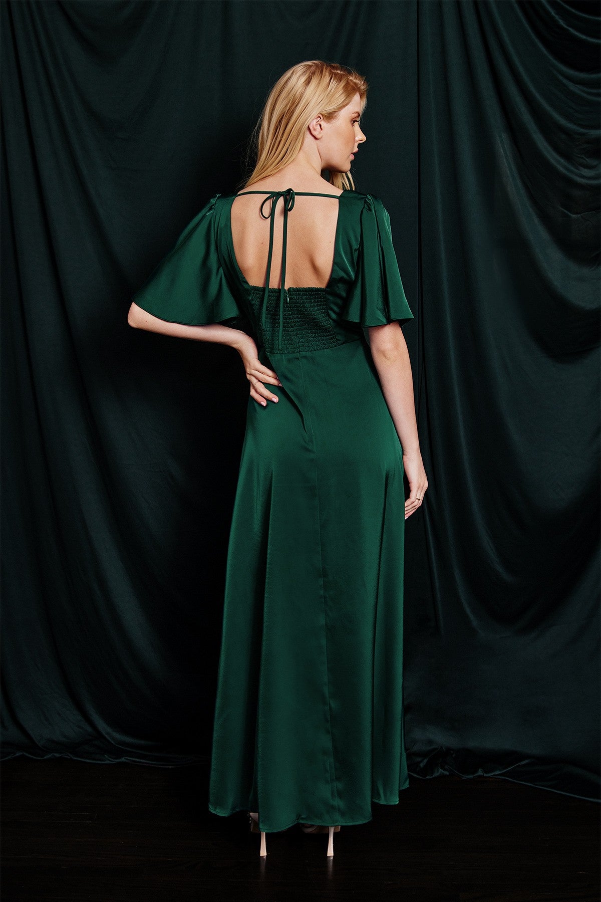 Hunter Green Satin Flutter Sleeve Plunging Maxi Dress Hunter Green Satin Flutter Sleeve Plunging Maxi Dress