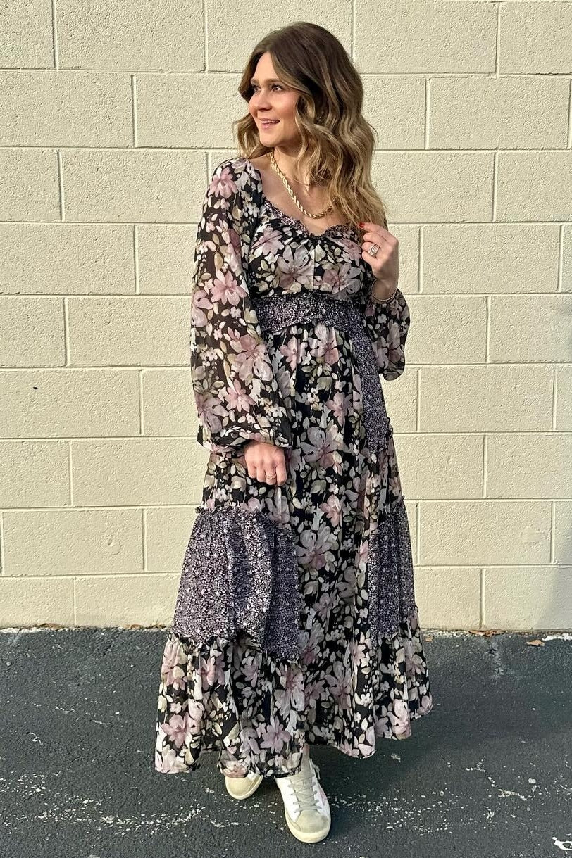 Black Floral Mixed Patchwork Print Ruffle Trim Midi Dress PinkBlush Black Floral Mixed Patchwork Print Ruffle Trim Midi Dress PinkBlush