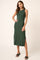 woman wearing a green sleeveless midi dress with side slits and a fitted silhouette