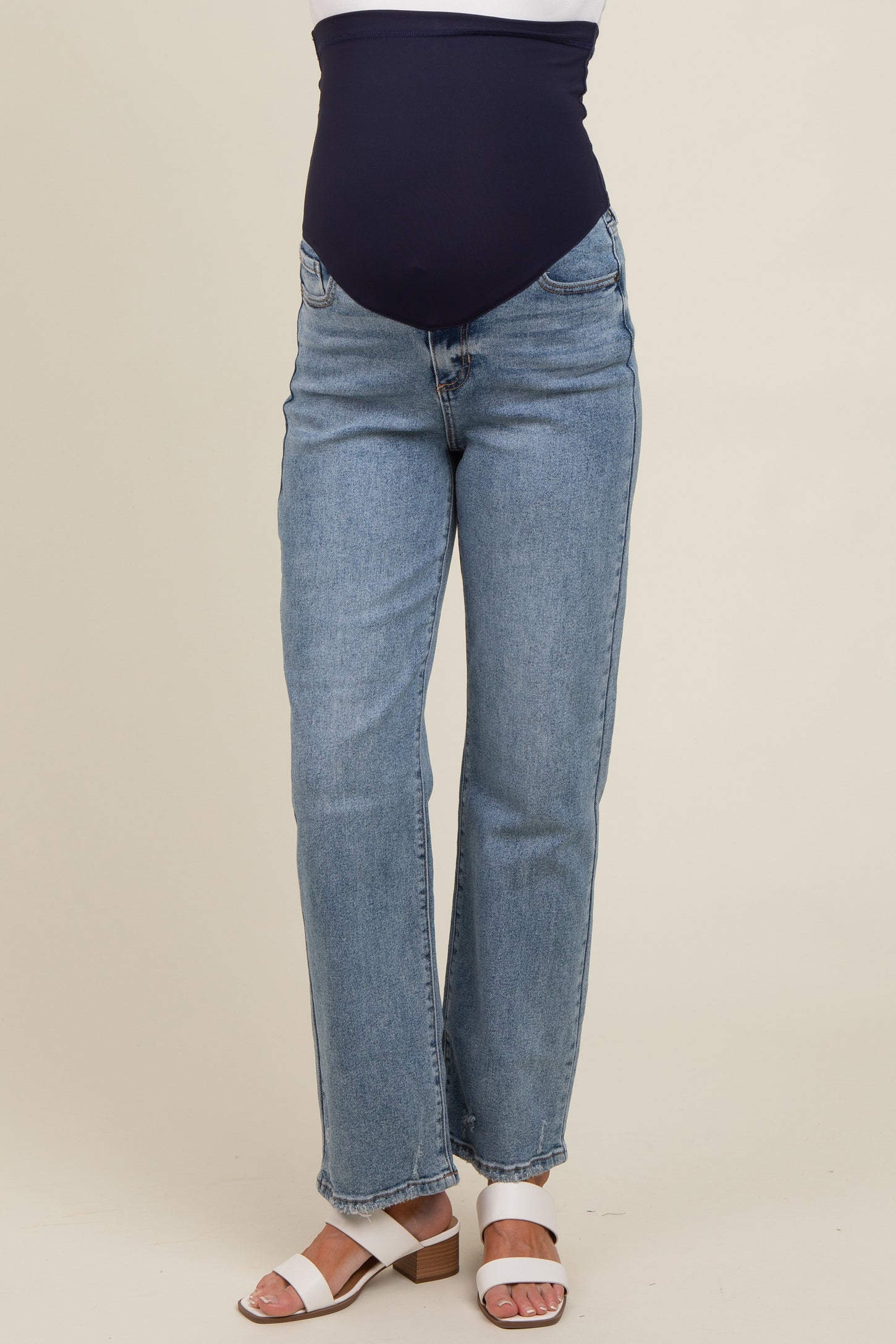 Blue Raw Hem Distressed Maternity Straight Leg Jeans