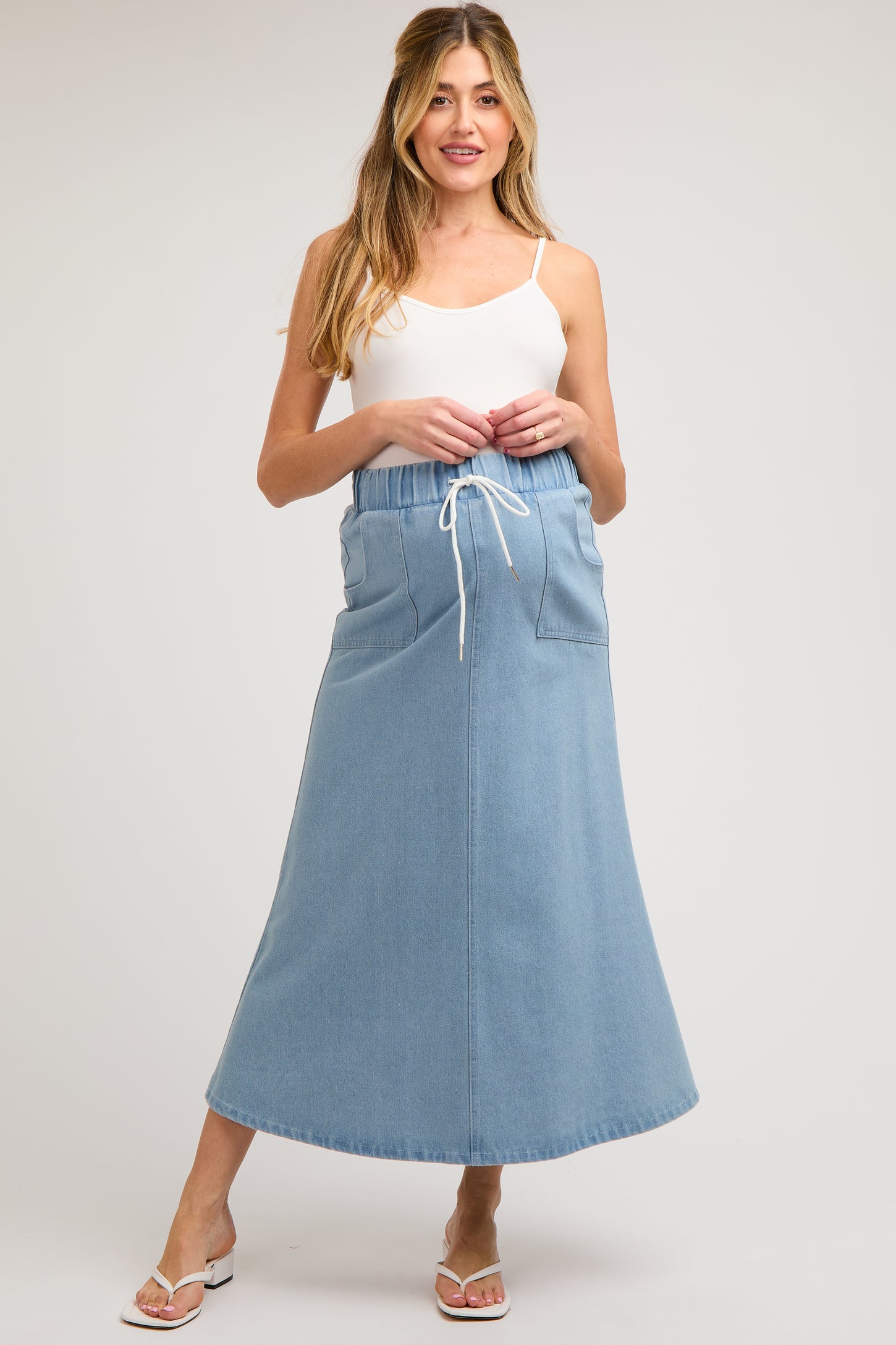 Light Blue Denim Front Tie Maternity Maxi Skirt – PinkBlush