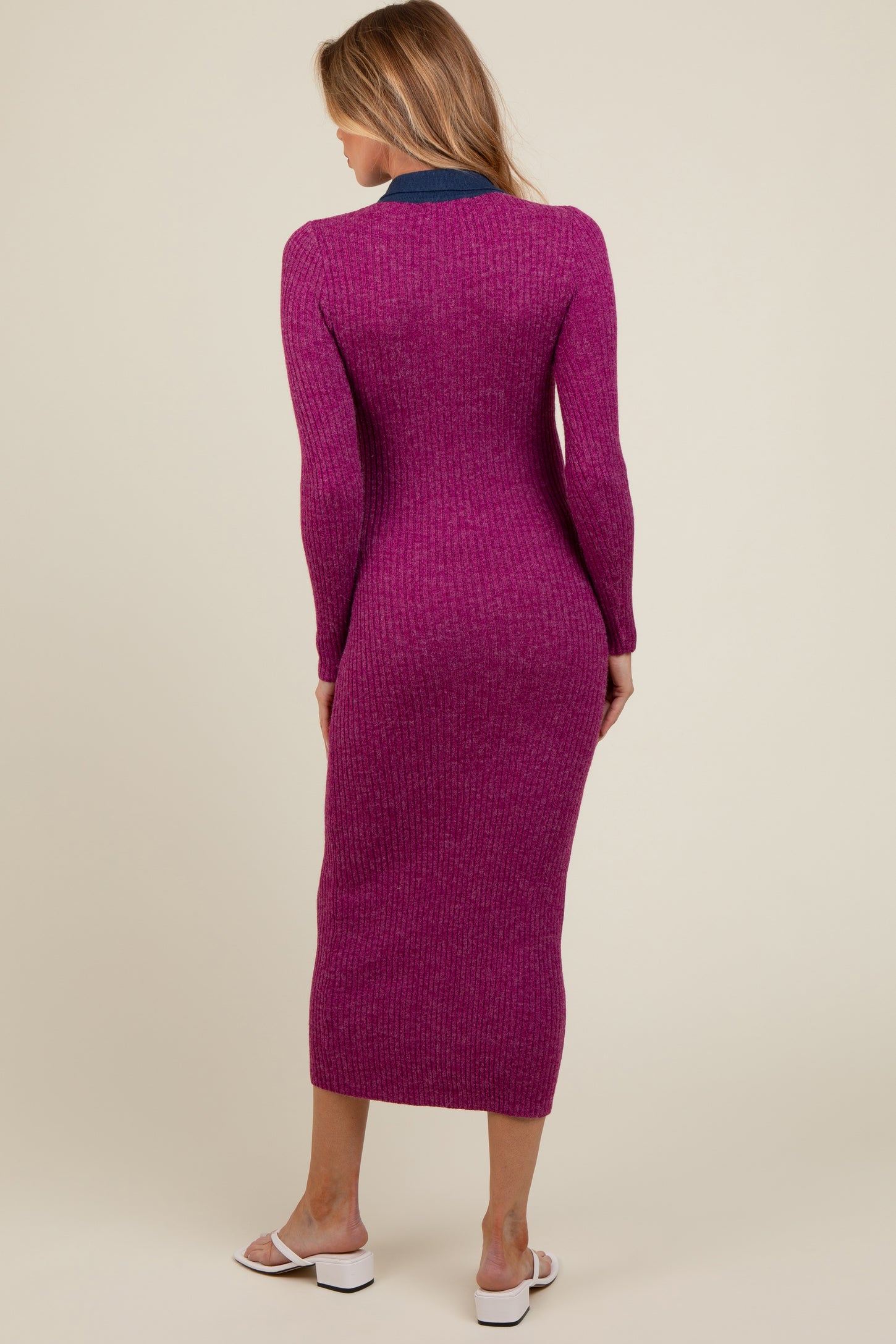 long-sleeve collared midi sweater dress Long Sleeve Button Front Sweater Polo Midi Dress