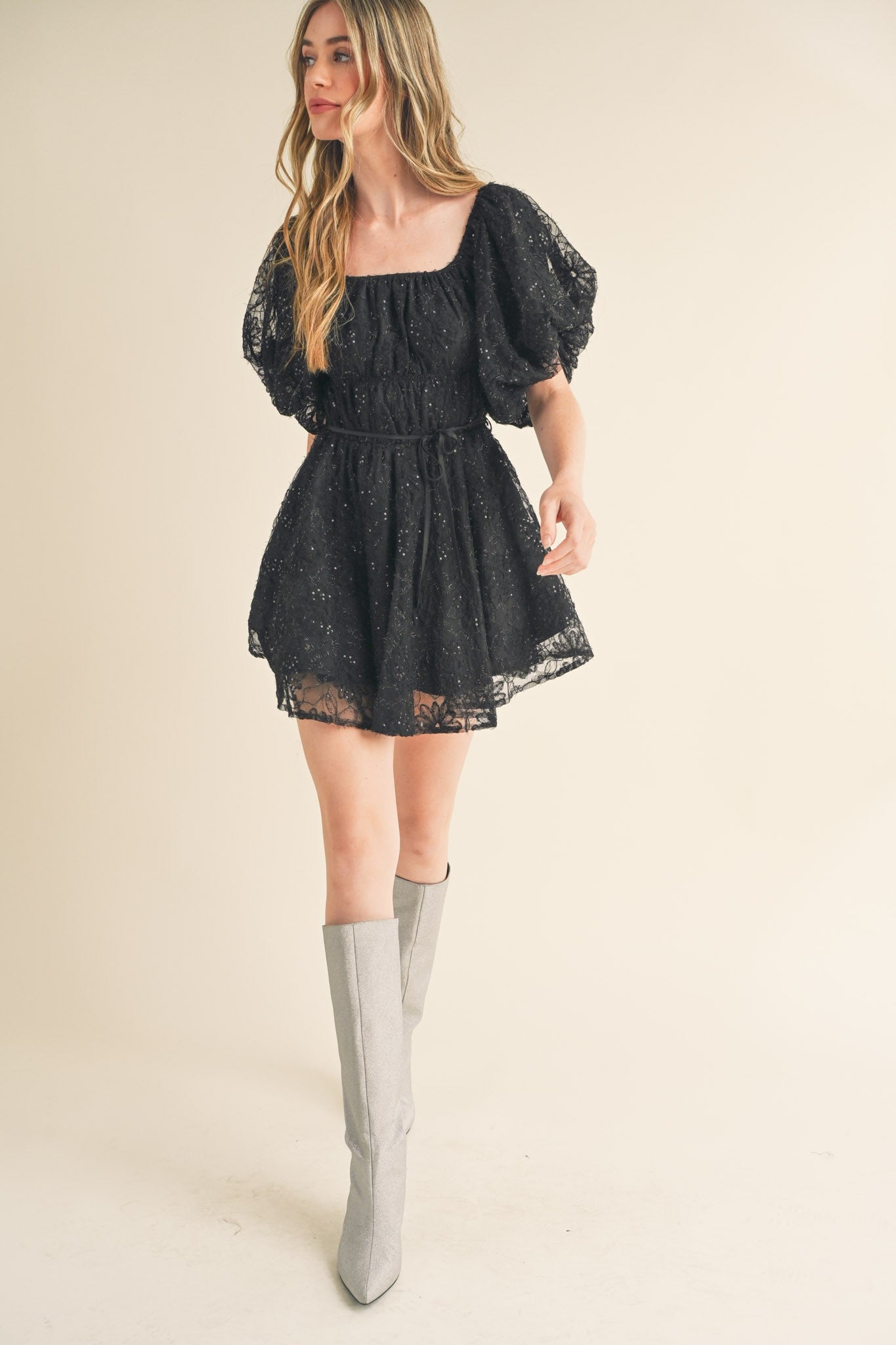 Black Sequined Lace Flared Mini Dress Black Sequined Lace Flared Mini Dress