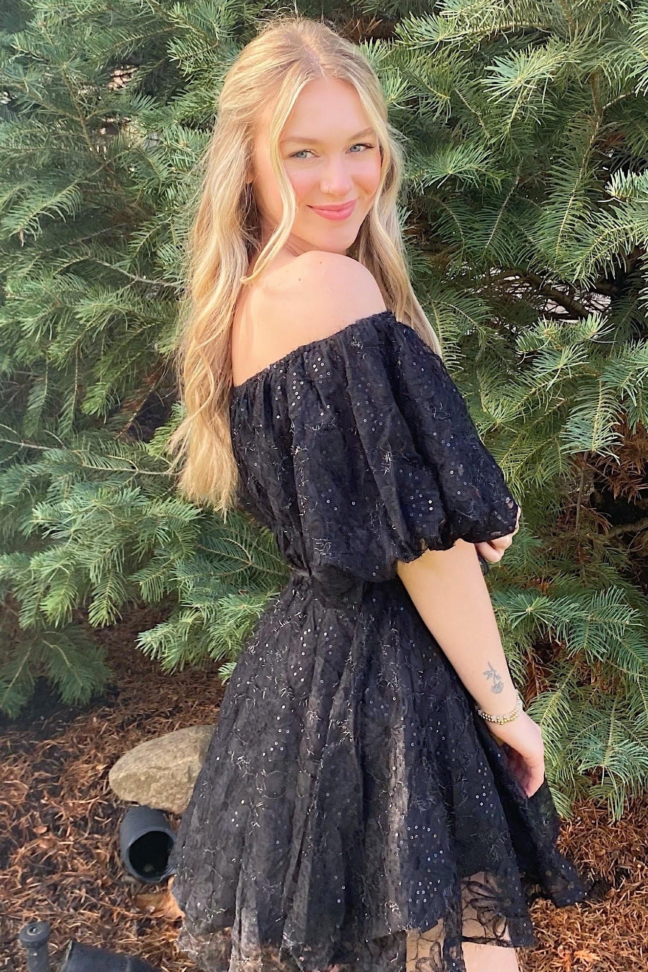 Black Sequined Lace Flared Mini Dress Black Sequined Lace Flared Mini Dress