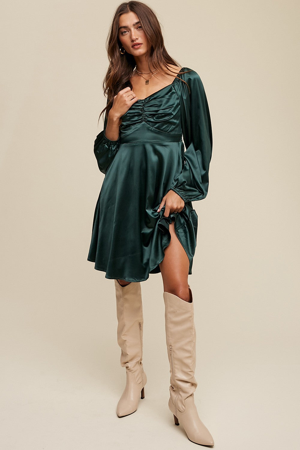 Deep Green Cinched Long Sleeve Satin Dress PinkBlush Deep Green Cinched Long Sleeve Satin Dress PinkBlush