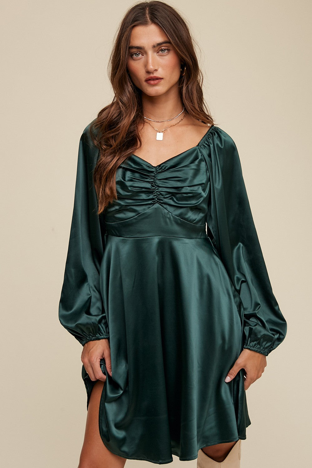 slim fit dress slacks Deep Green Cinched Long Sleeve Satin Dress – PinkBlush