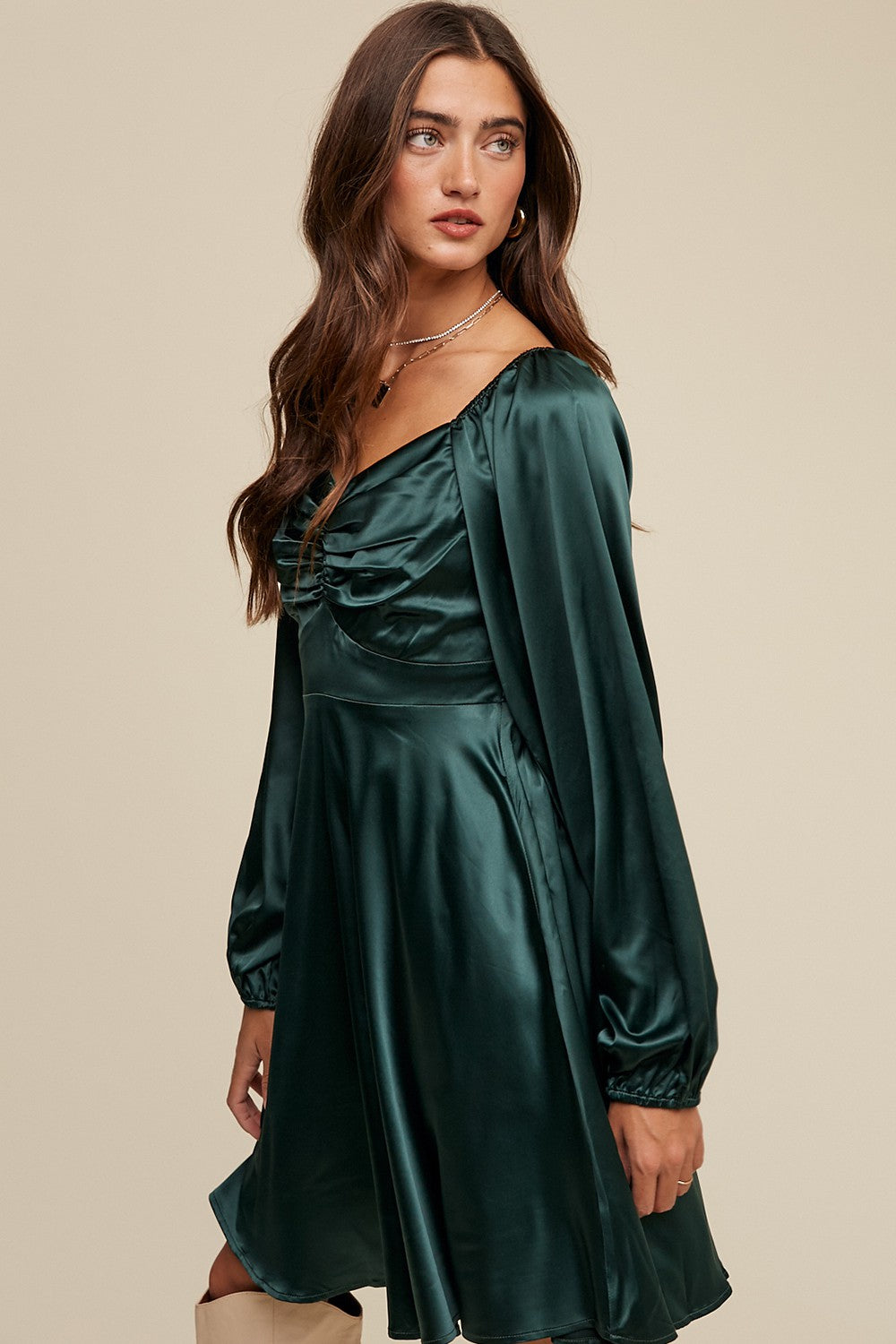 Deep Green Cinched Long Sleeve Satin Dress PinkBlush Deep Green Cinched Long Sleeve Satin Dress PinkBlush