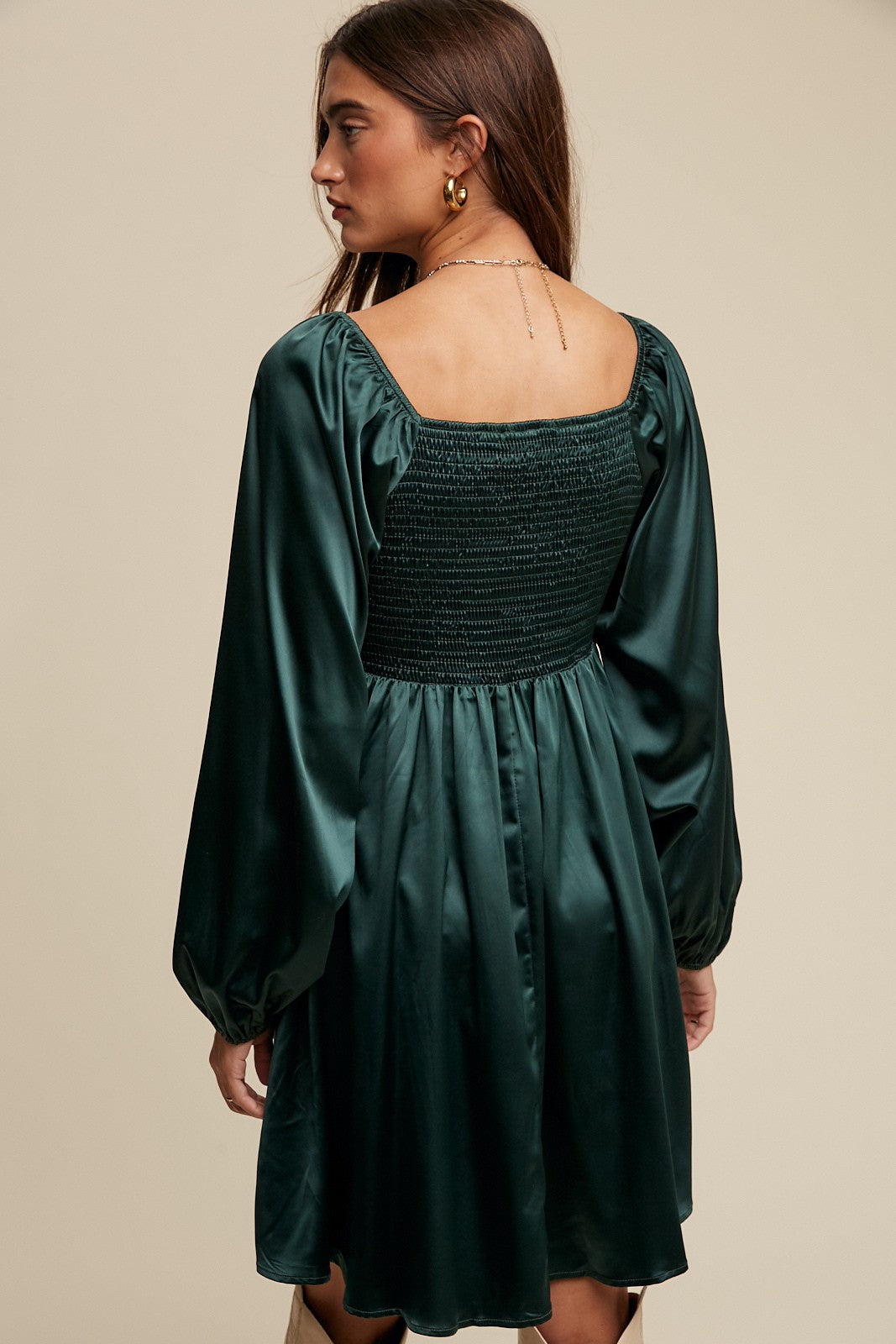 Deep Green Cinched Long Sleeve Satin Dress PinkBlush Deep Green Cinched Long Sleeve Satin Dress PinkBlush