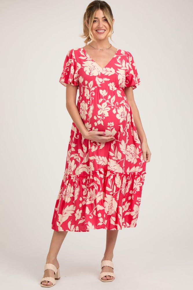 Red Tropical Print Ruffle Maternity Midi Dress Small - Pinkblush