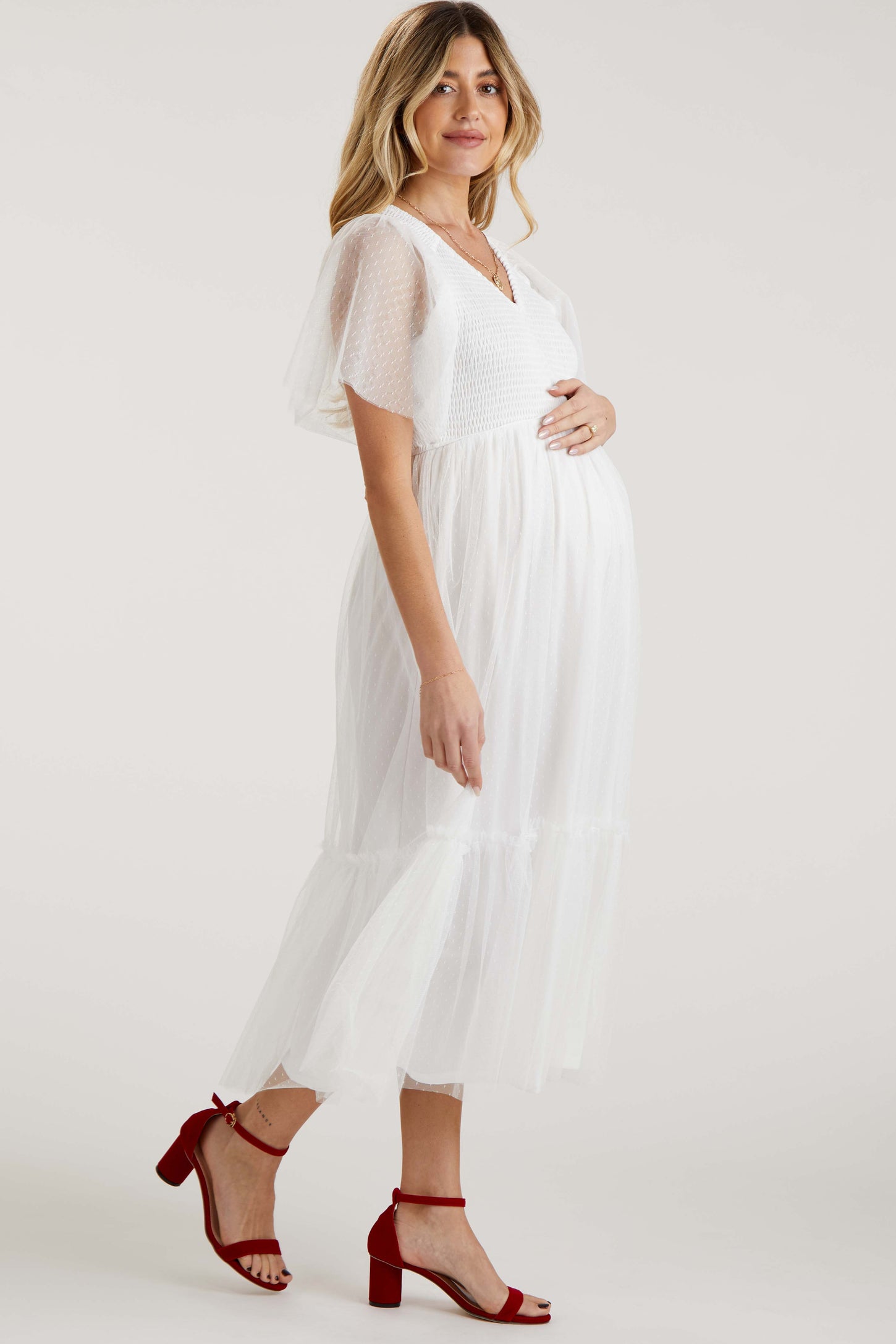 White Dotted Tulle Smocked Maternity Midi Dress