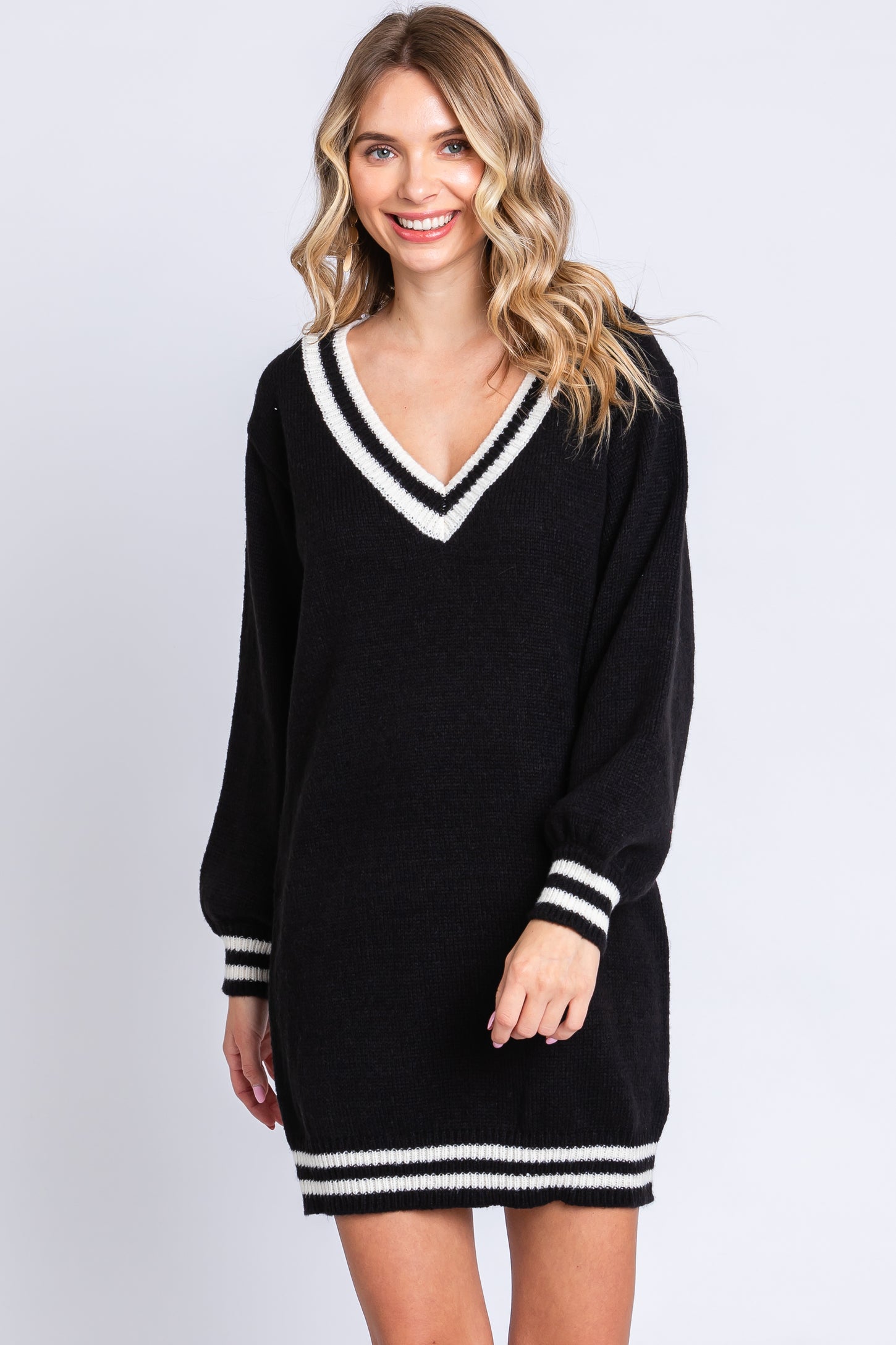 womens oversized sweater dress Black Oversized Varsity Striped V-Neck Sweater Dress – PinkBlush