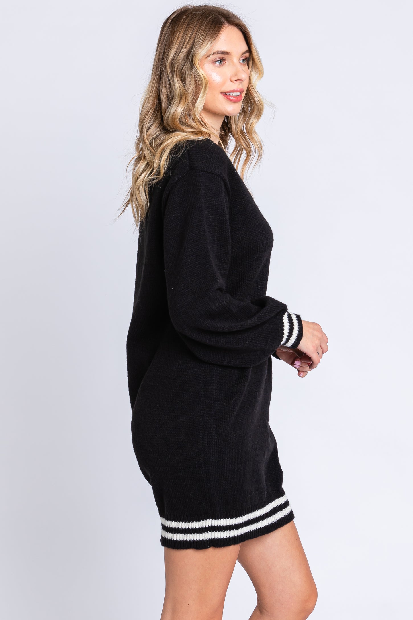 Black Oversized Varsity Striped V-Neck Sweater Dress – PinkBlush Black Oversized Varsity Striped V-Neck Sweater Dress – PinkBlush