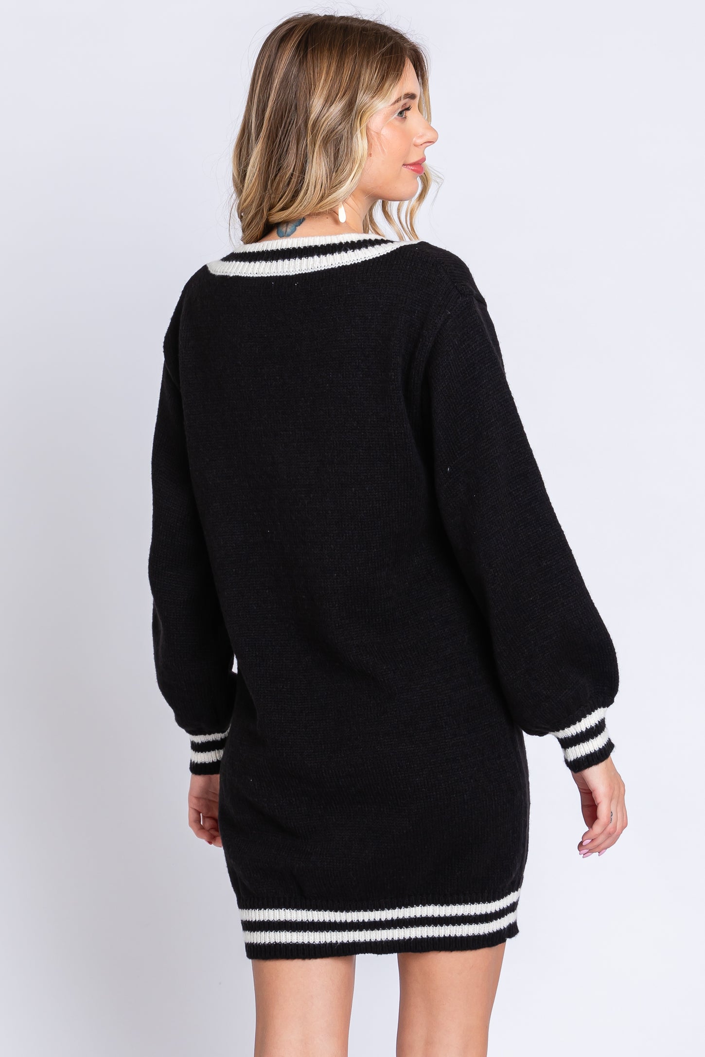 Black Oversized Varsity Striped V-Neck Sweater Dress PinkBlush Black Oversized Varsity Striped V-Neck Sweater Dress PinkBlush