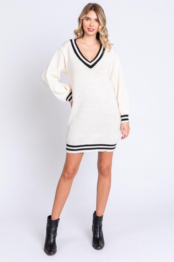 Ivory Oversized Varsity Striped V-Neck Sweater Dress PinkBlush Ivory Oversized Varsity Striped V-Neck Sweater Dress PinkBlush