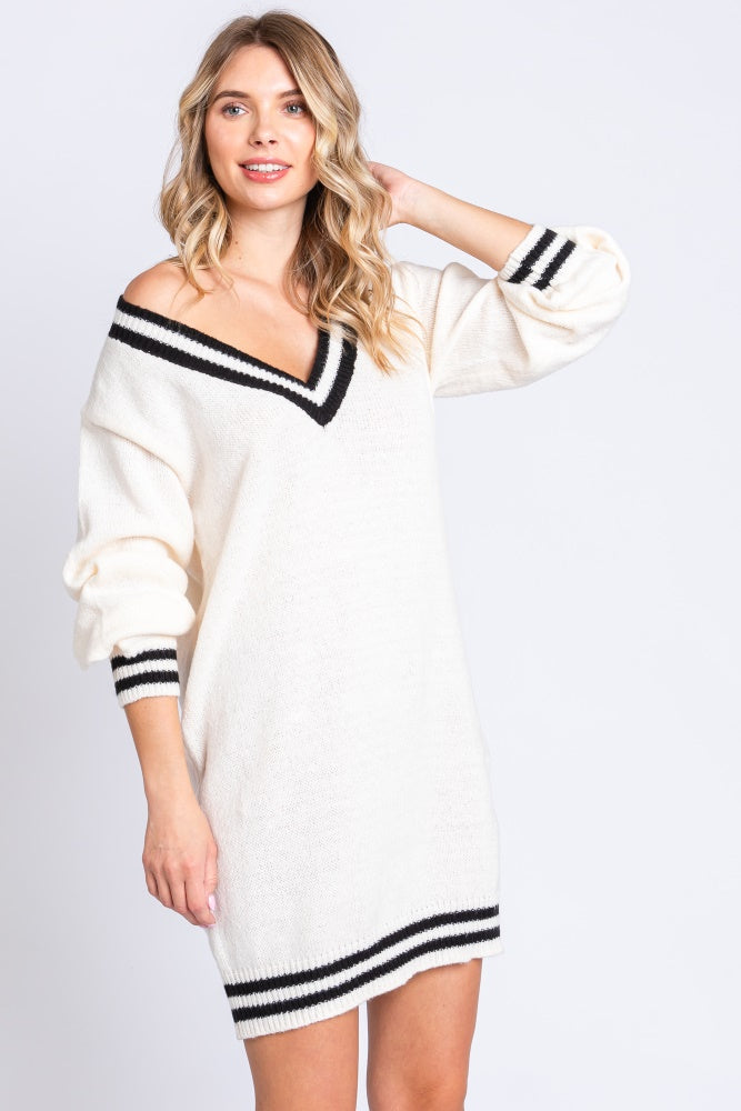 varsity sweater dress Ivory Oversized Varsity Striped V-Neck Sweater Dress – PinkBlush